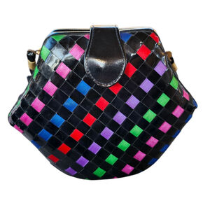 Vintage Black Multicolor Woven Satin Ribbon Hexogonal Clutch Bag